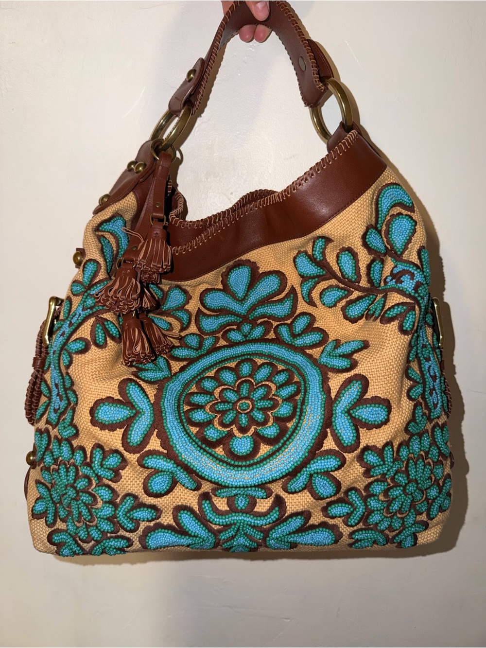 Isabella Fiore Turquoise and Tan Beaded Floral Hobo